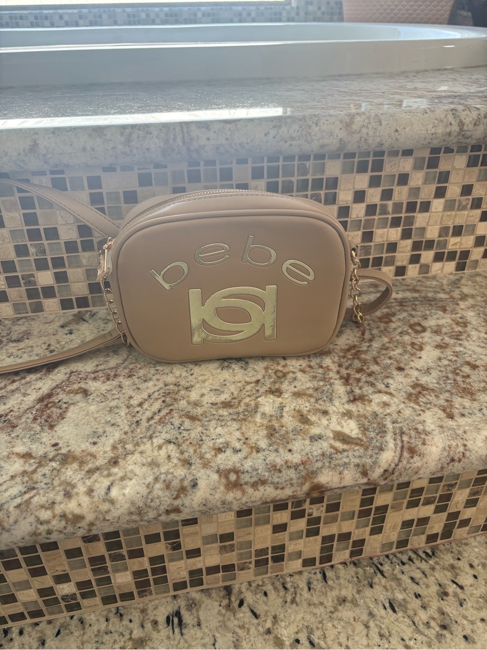 bebe Beige/Tan Crossbody Camera Bag with Gold Logo